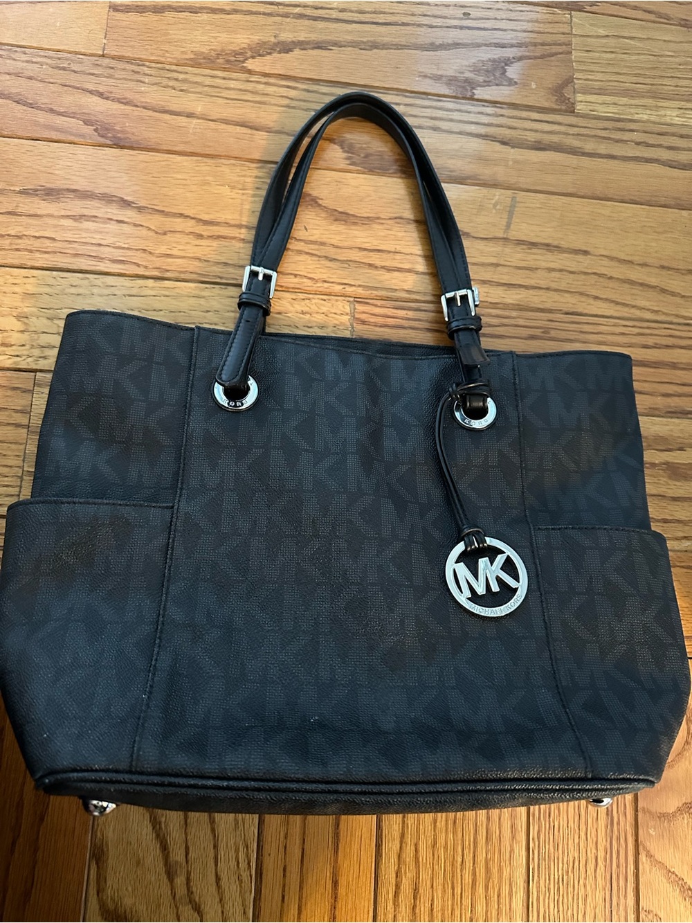 Michael Kors Black MK Logo Tote with Silver Charm